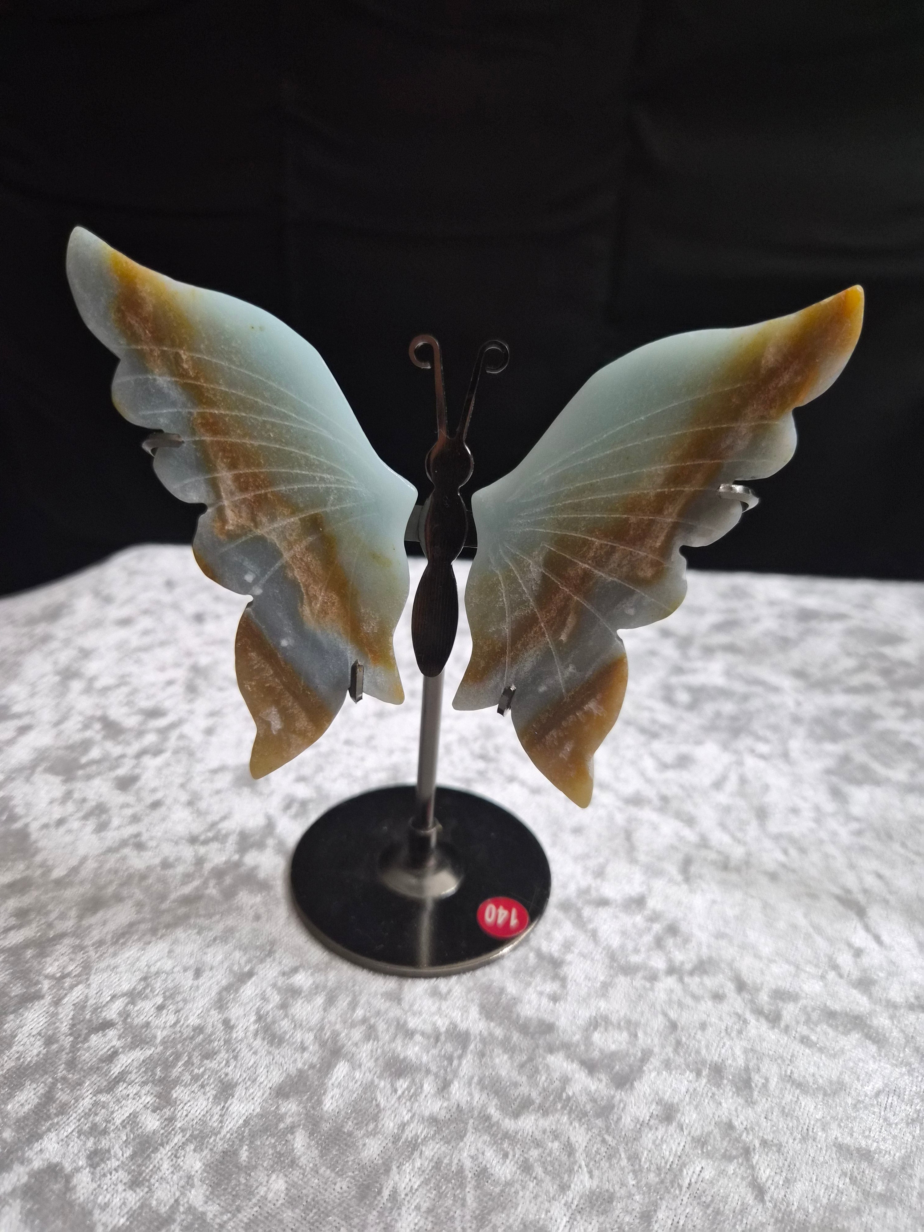 Blue Caribbean Calcite Butterfly Wings with Stand